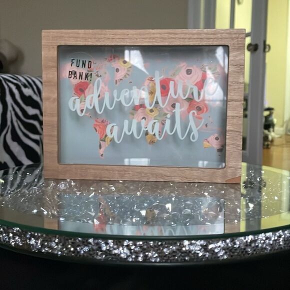 Eccolo Adventure awaits piggy bank savings money jar clear wooden picture frame - Picture 1 of 10